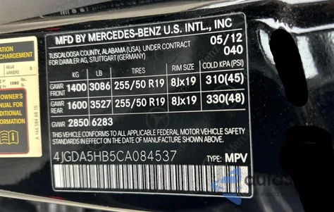 2012 Mercedes-Benz Ml 350 4Matic z USA, uszkodzony, nr VIN 4JGDA5HB5CA084537